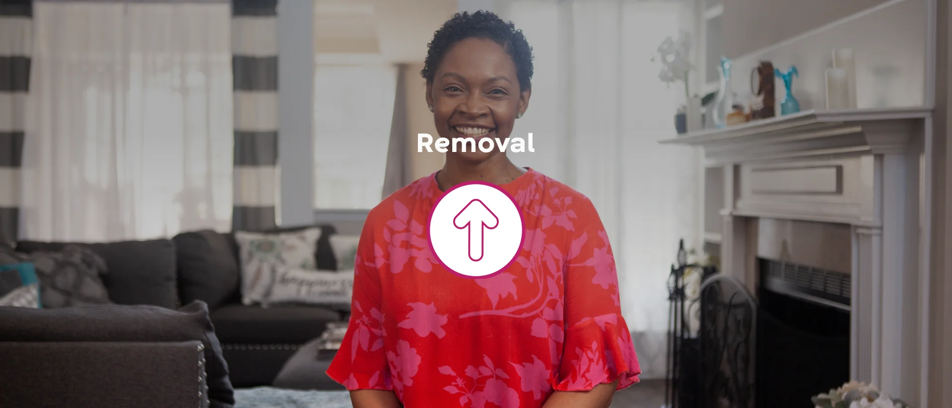 Smiling woman promoting easy and sting-free pouching system removal.