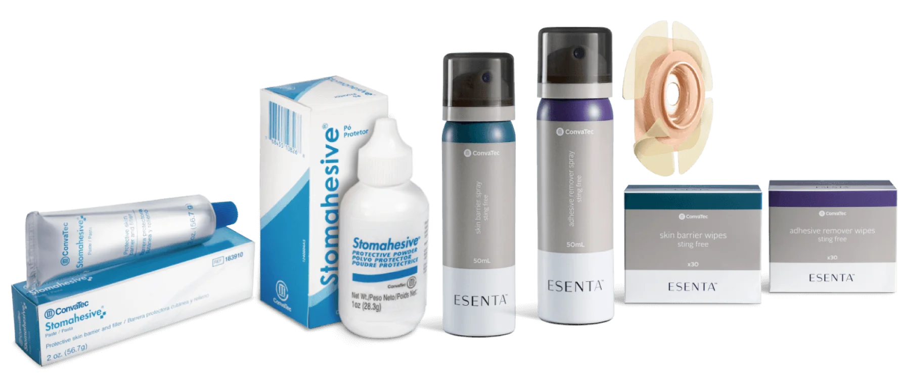 Group of ESENTA™ and Stomahesive® ostomy care products.