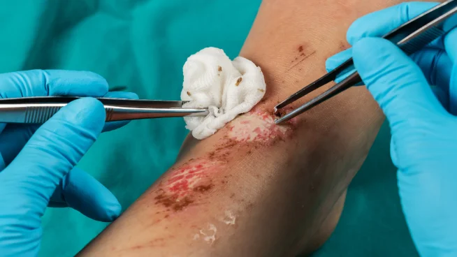 Nahaufnahme, wie ein Arzt eine Wunde am Bein reinigt. 